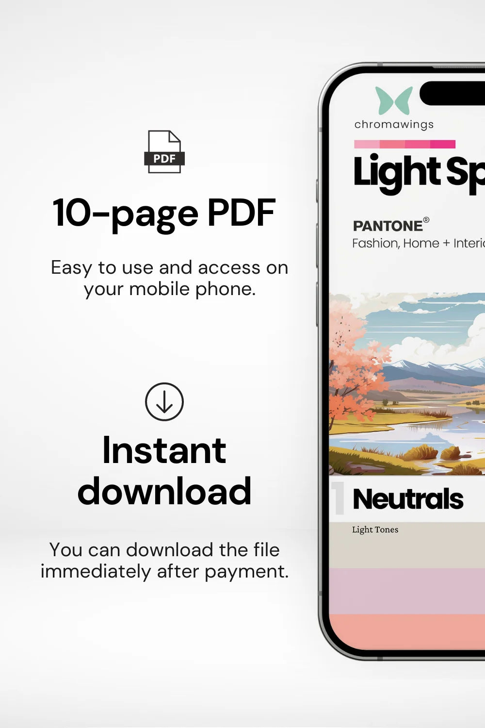 Phone displaying palette cover on right, text on left about 10-page PDF easy to use and instant download.