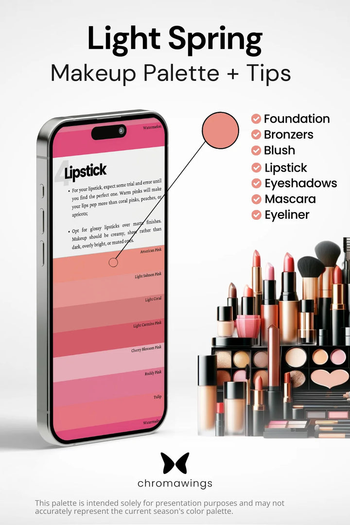 Light Spring Makeup palette on phone, color pinpointed. Palette title, makeup types listed, shelf image.