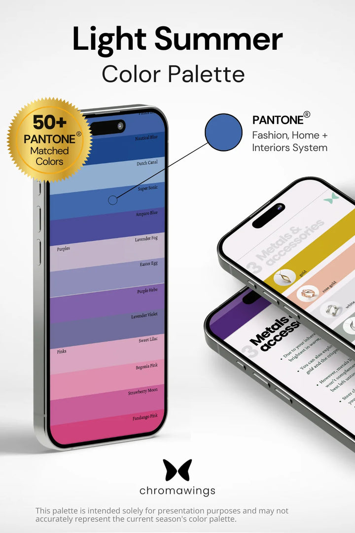 Light Summer Color Palette displayed on iPhone, colors matching Pantone system. Right: Two phones showing metals section in PDF, bold title and Chromawings logo at bottom.