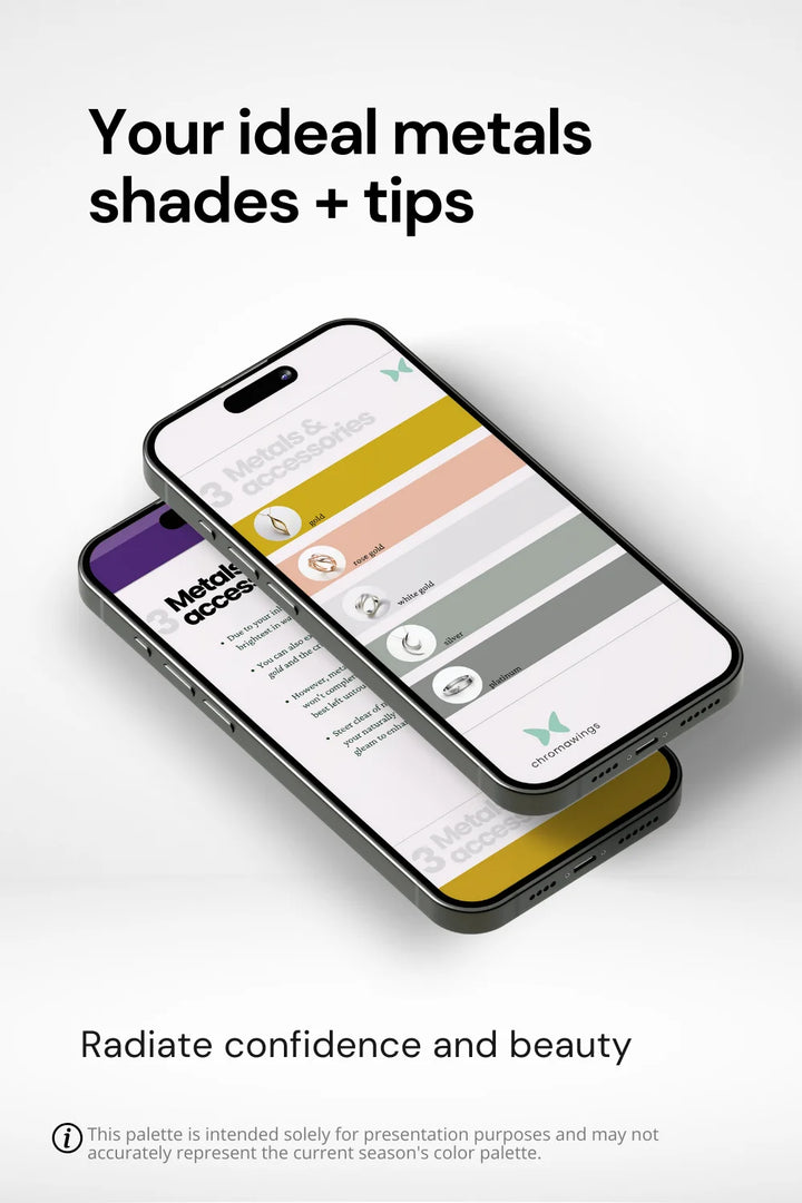 Two phones showing Metals section of Light Summer palette, text above reads 'Your ideal metals shades plus tips'.