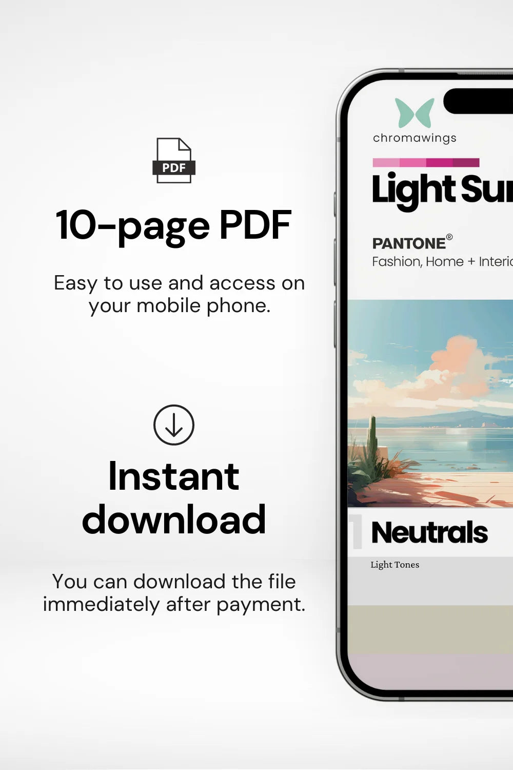 Phone displaying palette cover on right, text on left about 10-page PDF easy to use and instant download.