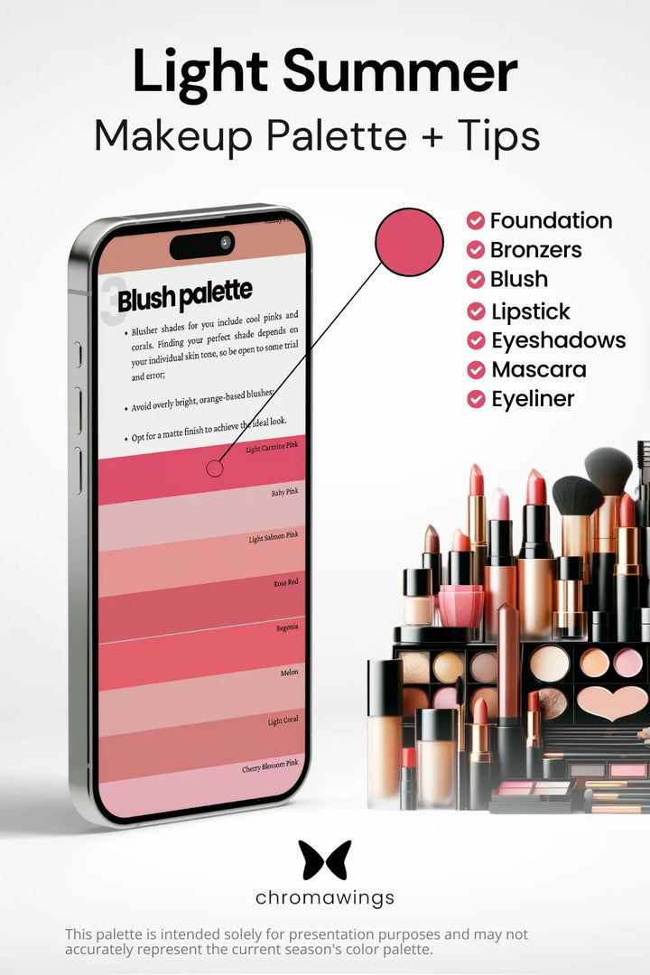 Light Summer Makeup palette on phone, color pinpointed. Palette title, makeup types listed, shelf image.