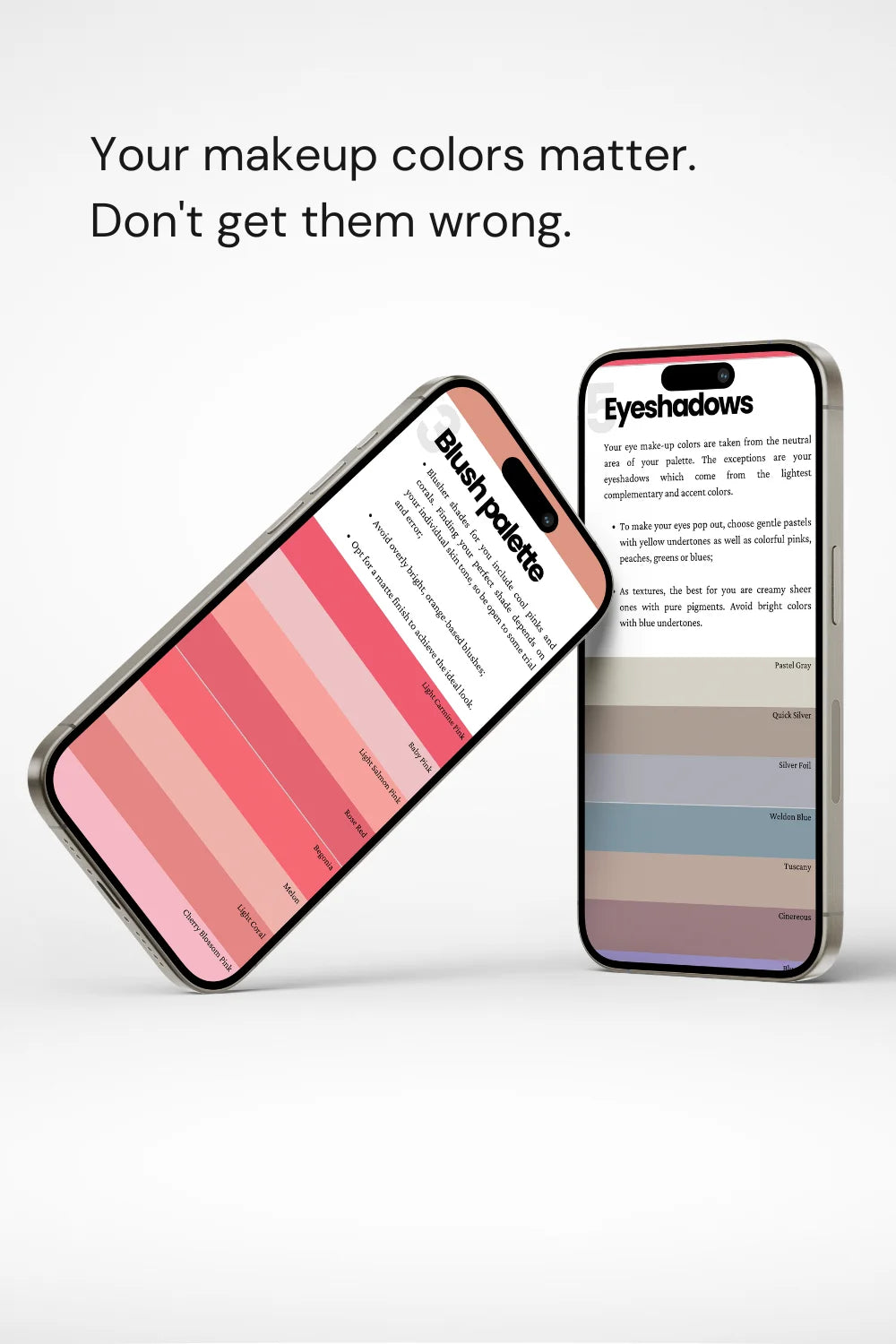 Phones displaying Light Summer palette. Text: 'Your makeup colors matter. Don't get them wrong.