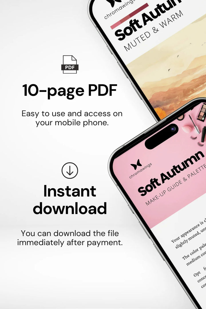 Two phones demonstrating the use of the Makeup Palette from the Soft Autumn Palette Pack, with tips for matching makeup shades. Titled 'Your Ideal Makeup Shades', and a subtitle suggesting pairing with your best jewelry and accessories.