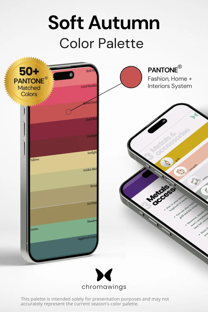 Soft Autumn Color Palette displayed on iPhone, colors matching Pantone system. Right: Two phones showing metals section in PDF, bold title and Chromawings logo at bottom.