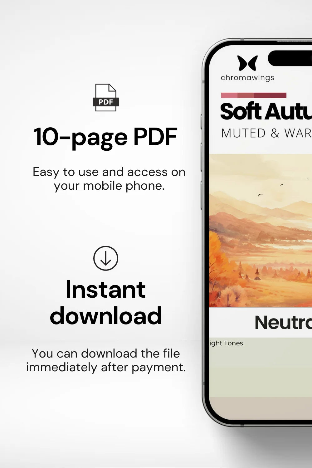 Phone displaying palette cover on right, text on left about 10-page PDF easy to use and instant download.