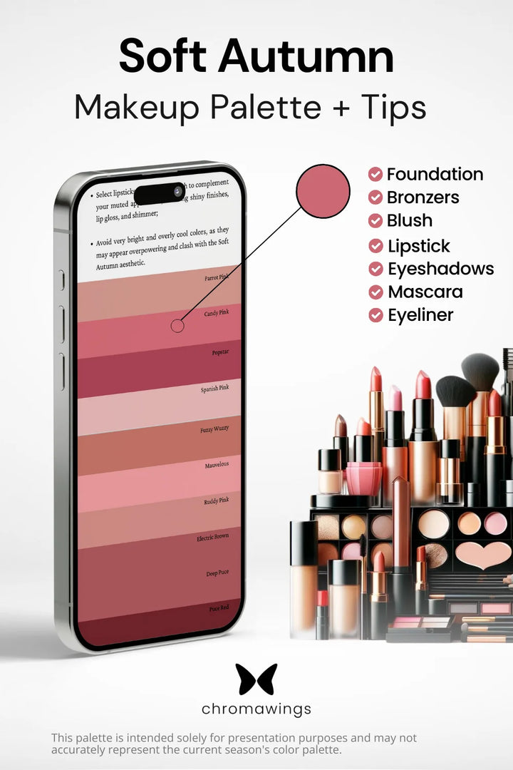 Soft Autumn Makeup palette on phone, color pinpointed. Palette title, makeup types listed, shelf image.