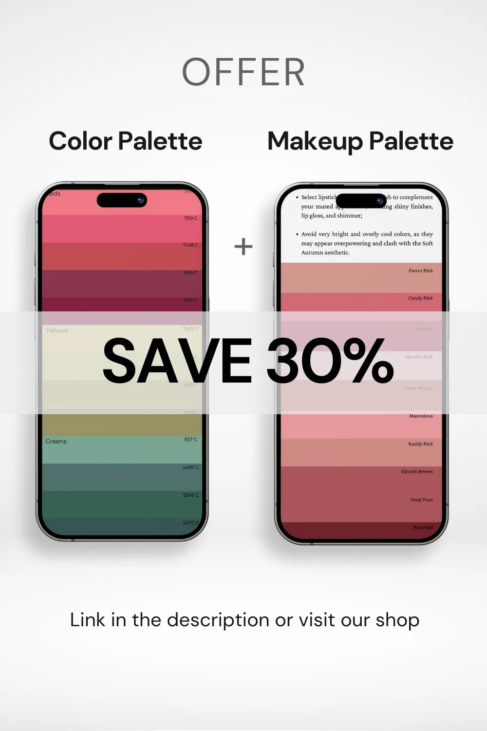 Offer: 30% off on color & makeup palettes. 'SAVE 30%' in bold.