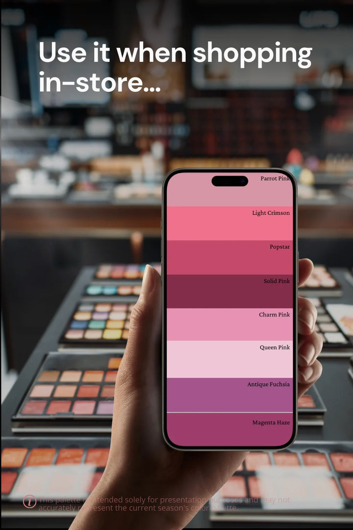 Hand holding phone with palette in makeup store. Text: 'Use it when shopping in-store...