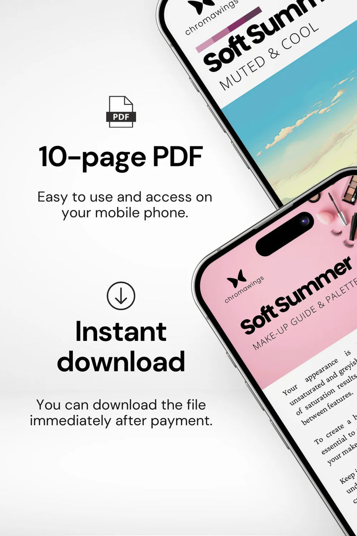 Two phones demonstrating the use of the Makeup Palette from the Soft Summer Palette Pack, with tips for matching makeup shades. Titled 'Your Ideal Makeup Shades', and a subtitle suggesting pairing with your best jewelry and accessories.