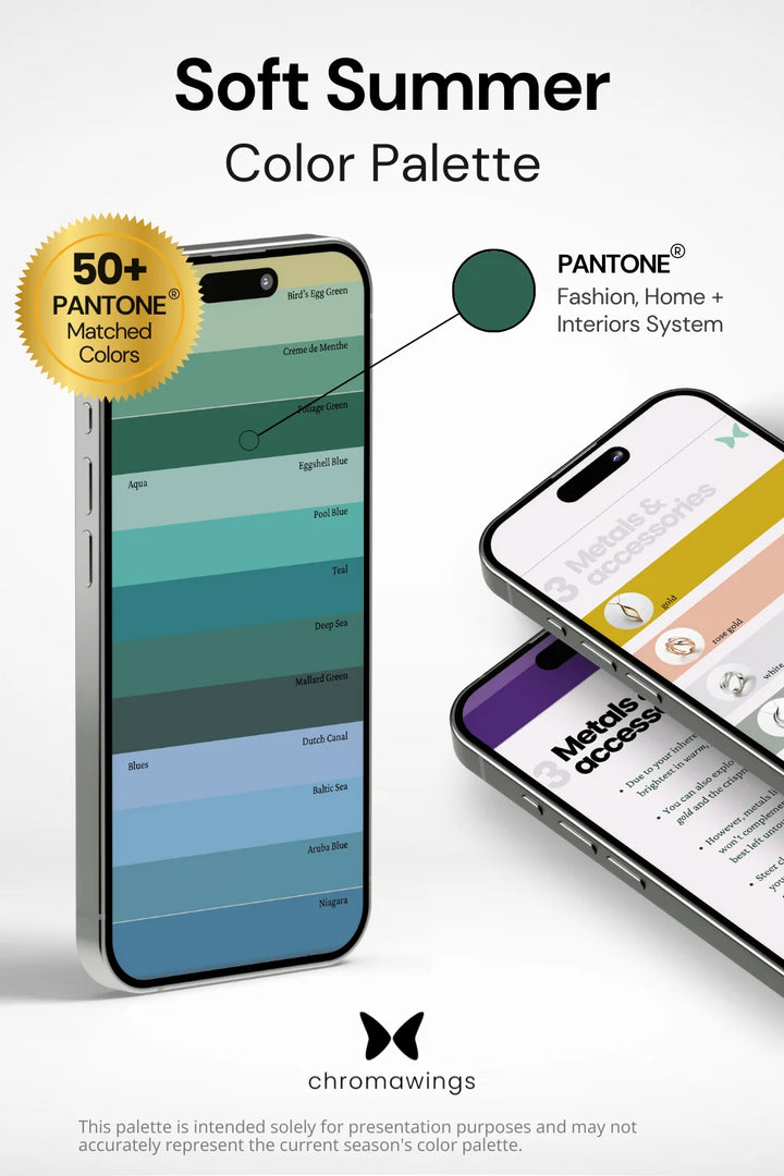 Soft Summer Color Palette displayed on iPhone, colors matching Pantone system. Right: Two phones showing metals section in PDF, bold title and Chromawings logo at bottom.