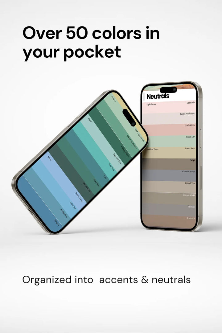 Two phones displaying actual palette colors, text above stating over 50 colors in your pocket. Phrase 'organized into accents and neutrals’ at bottom.