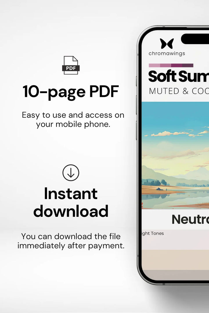 Phone displaying palette cover on right, text on left about 10-page PDF easy to use and instant download.