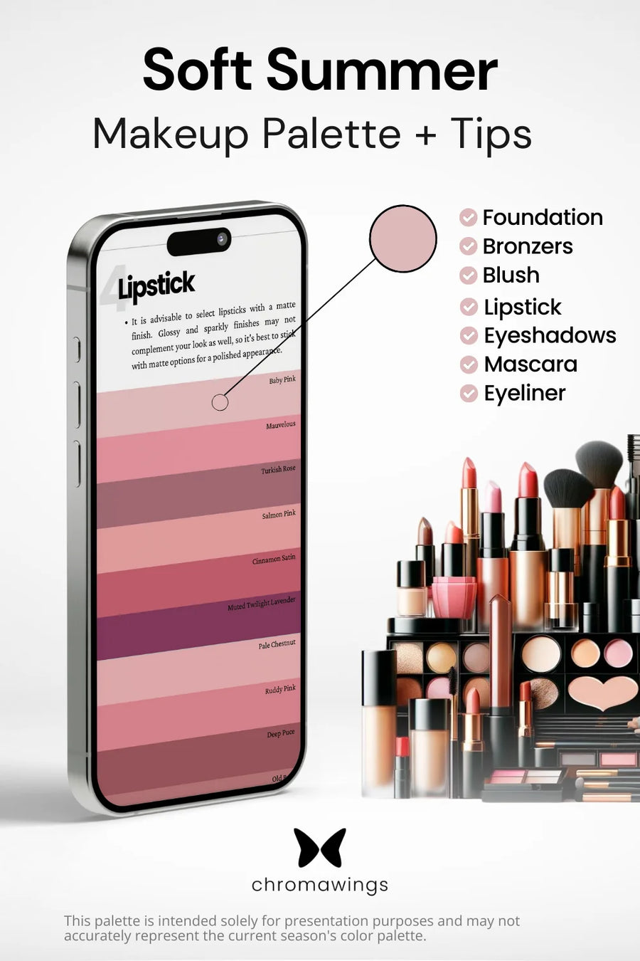 Soft Summer Makeup palette on phone, color pinpointed. Palette title, makeup types listed, shelf image.