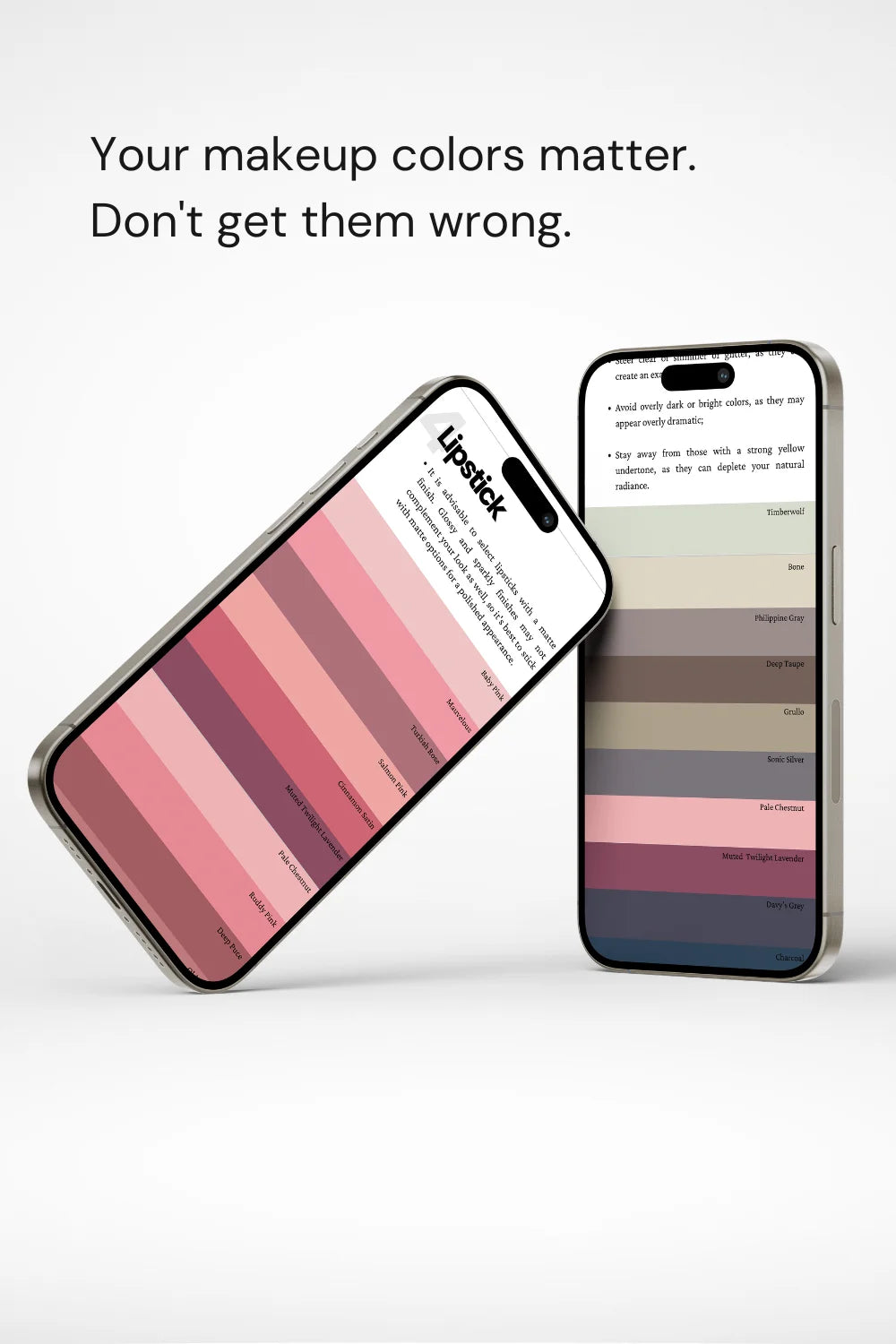 Phones displaying Soft Summer palette. Text: 'Your makeup colors matter. Don't get them wrong.