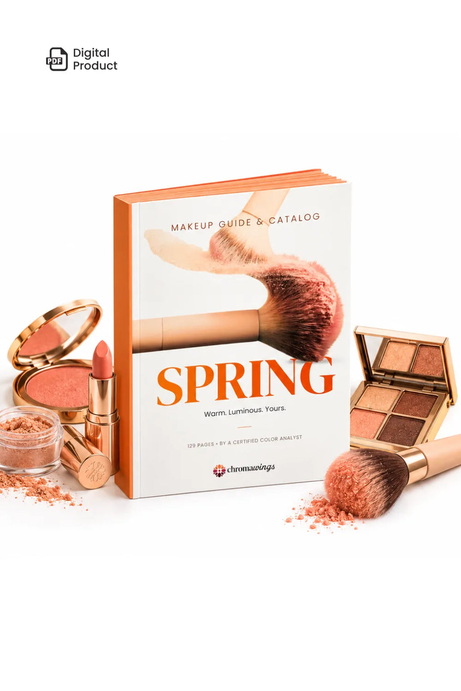 A makeup guide and catalog book titled 'SPRING' by Chromawings, styled with cosmetic products including a lipstick, eyeshadow palette, blush, and brushes on a white background. #season_Spring