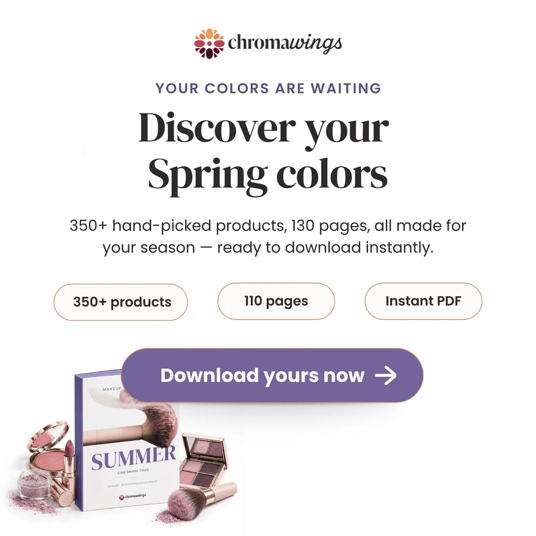 Promotional graphic for Chromawings featuring the text 'Discover your Spring colors' and 'Your colors are waiting,' with product callout badges reading '350+ products,' '110 pages,' and 'Instant PDF.' A purple 'Download yours now' button appears below, along with a styled cosmetics bundle and a book cover on a white background. #season_Summer