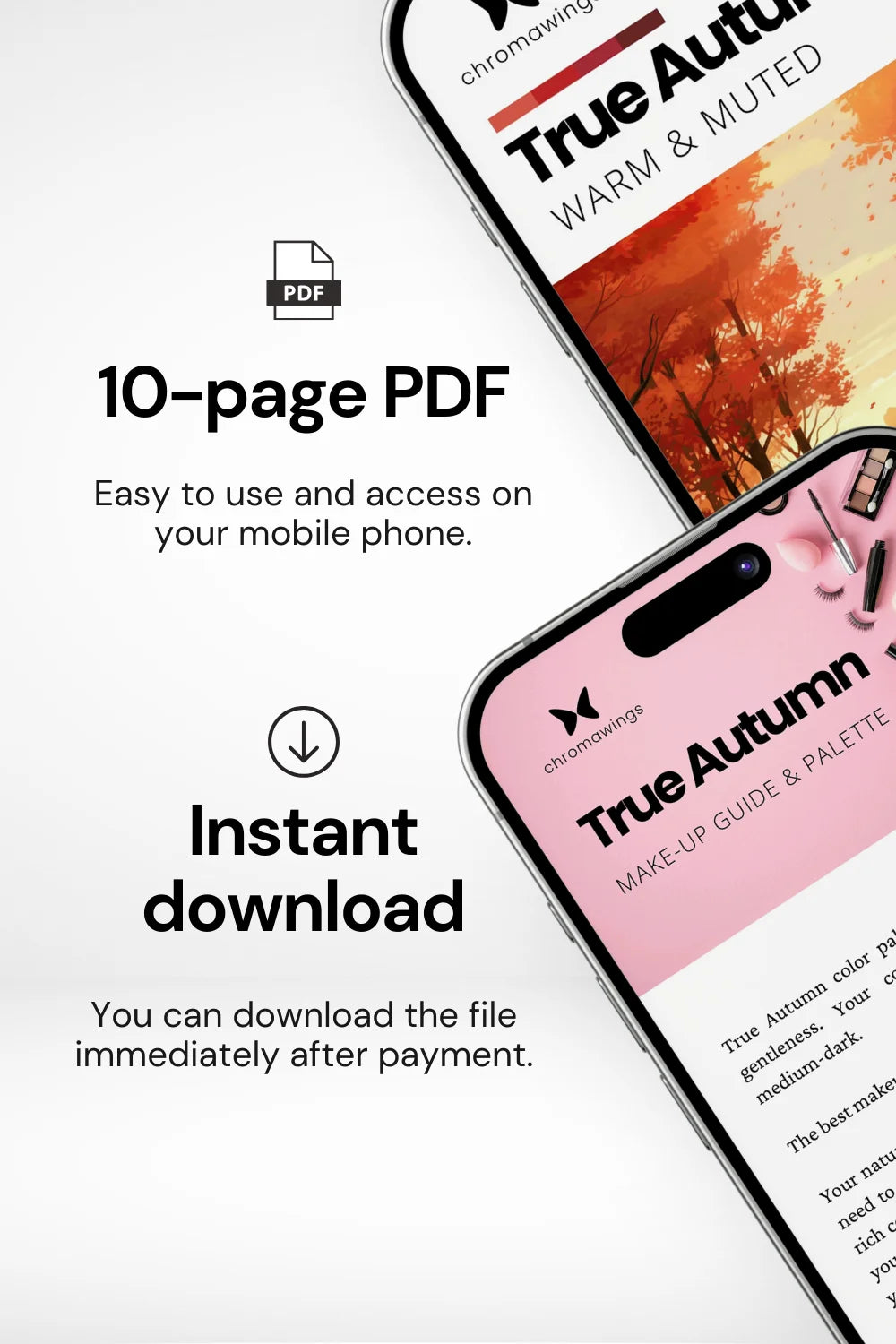 Two phones demonstrating the use of the Makeup Palette from the True Autumn Palette Pack, with tips for matching makeup shades. Titled 'Your Ideal Makeup Shades', and a subtitle suggesting pairing with your best jewelry and accessories.
