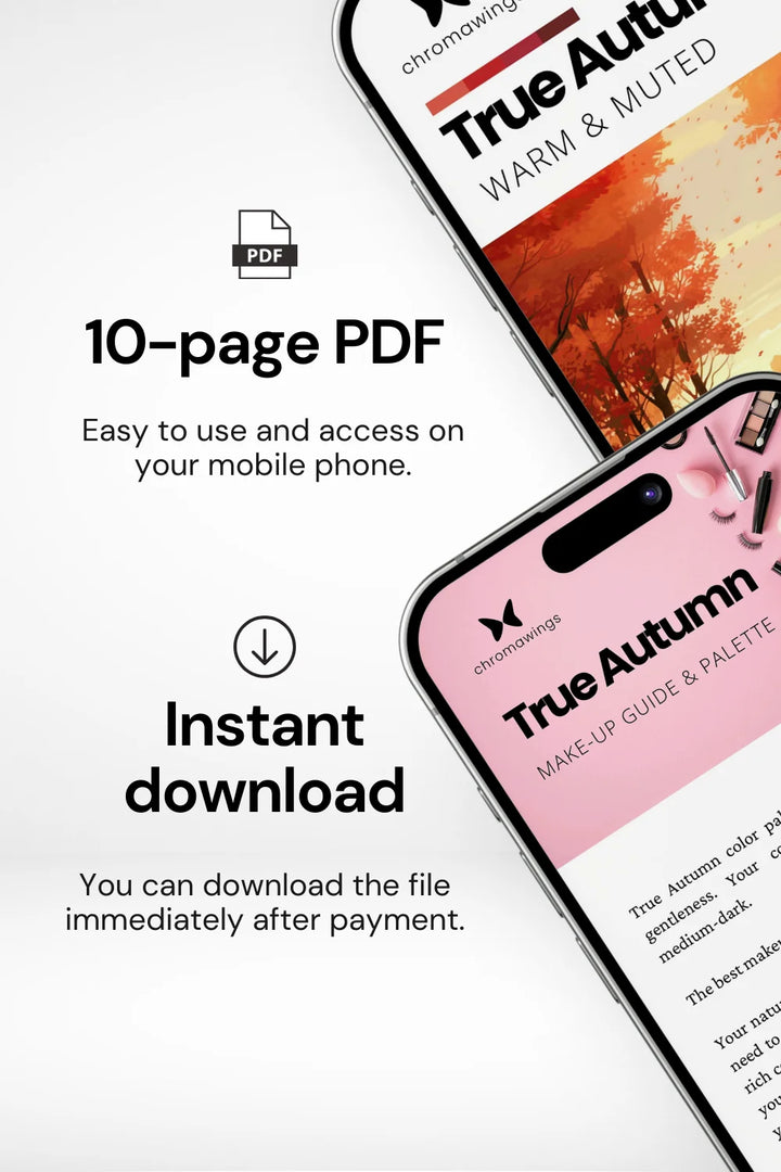 Two phones demonstrating the use of the Makeup Palette from the True Autumn Palette Pack, with tips for matching makeup shades. Titled 'Your Ideal Makeup Shades', and a subtitle suggesting pairing with your best jewelry and accessories.
