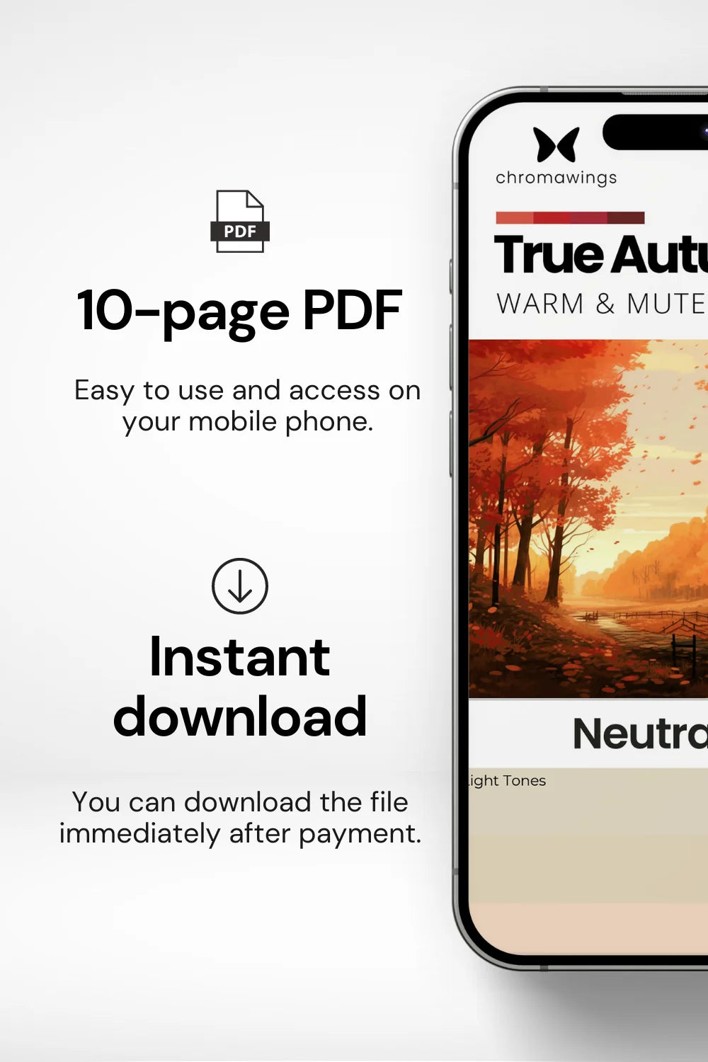 Phone displaying palette cover on right, text on left about 10-page PDF easy to use and instant download.