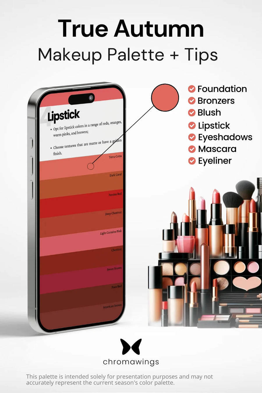 True Autumn Makeup palette on phone, color pinpointed. Palette title, makeup types listed, shelf image.