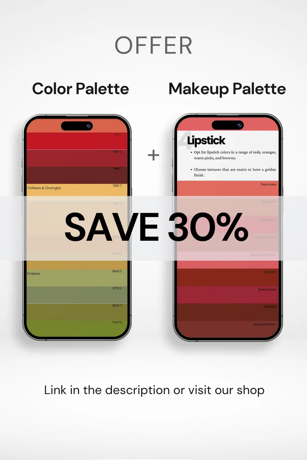 Offer: 30% off on color & makeup palettes. 'SAVE 30%' in bold.