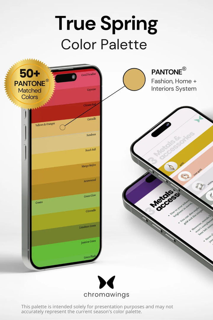 True Spring Color Palette displayed on iPhone, colors matching Pantone system. Right: Two phones showing metals section in PDF, bold title and Chromawings logo at bottom.