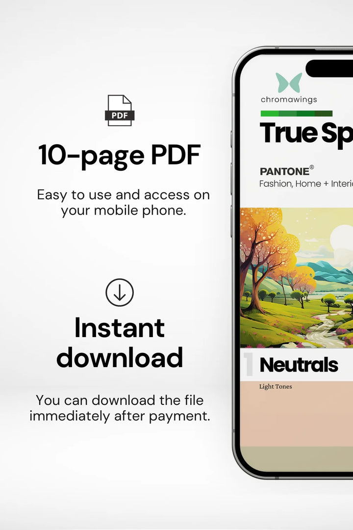 Phone displaying palette cover on right, text on left about 10-page PDF easy to use and instant download.