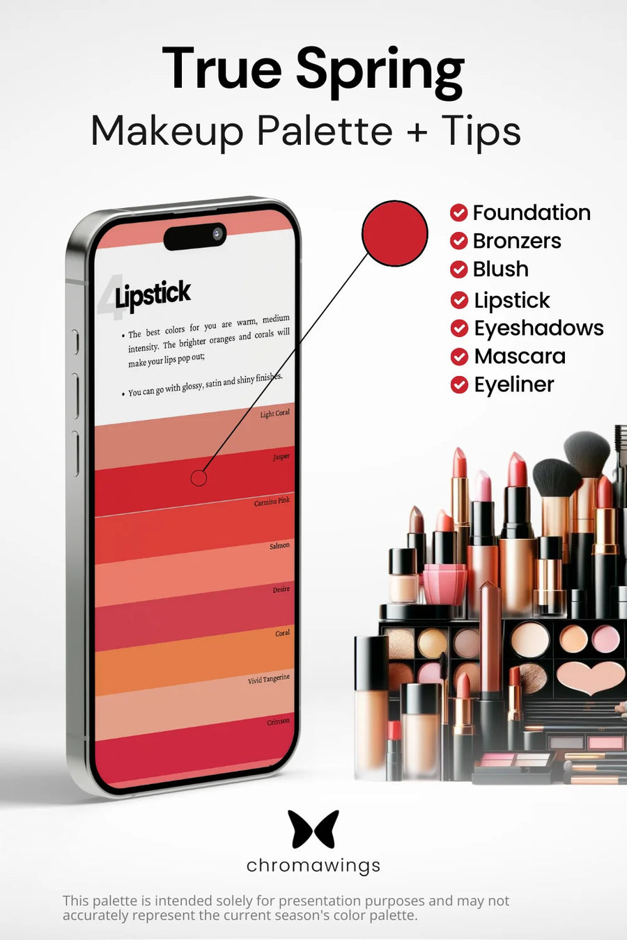 True Spring Makeup palette on phone, color pinpointed. Palette title, makeup types listed, shelf image.