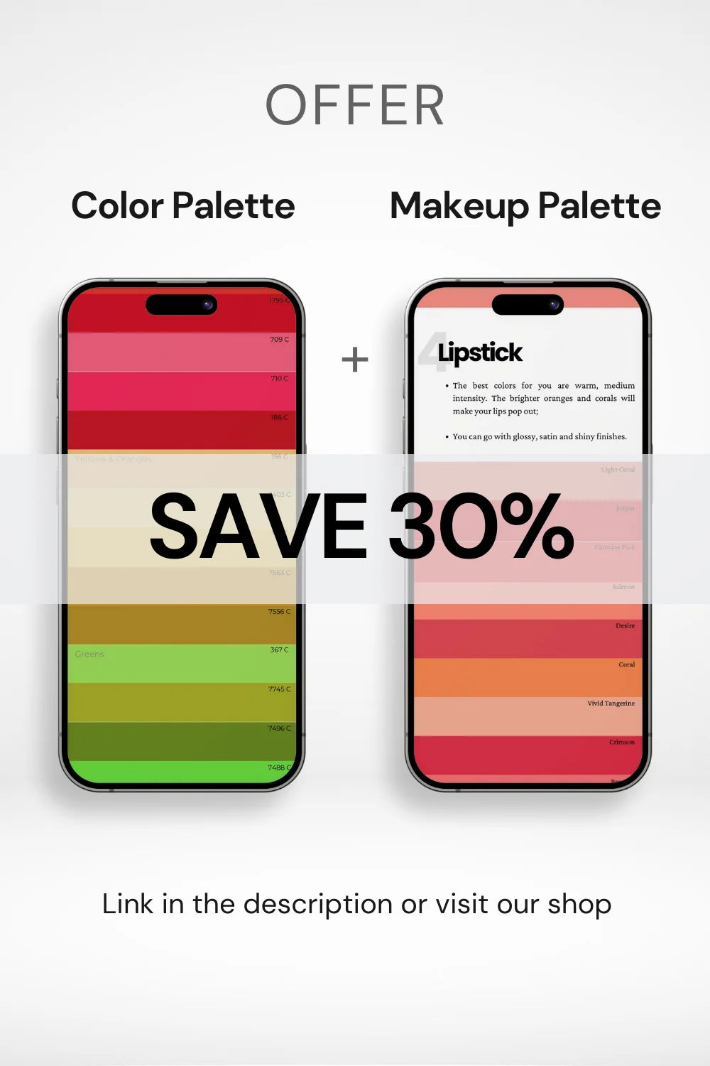 Offer: 30% off on color & makeup palettes. 'SAVE 30%' in bold.