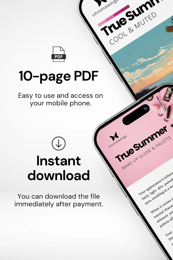 Two phones demonstrating the use of the Makeup Palette from the True Summer Palette Pack, with tips for matching makeup shades. Titled 'Your Ideal Makeup Shades', and a subtitle suggesting pairing with your best jewelry and accessories.