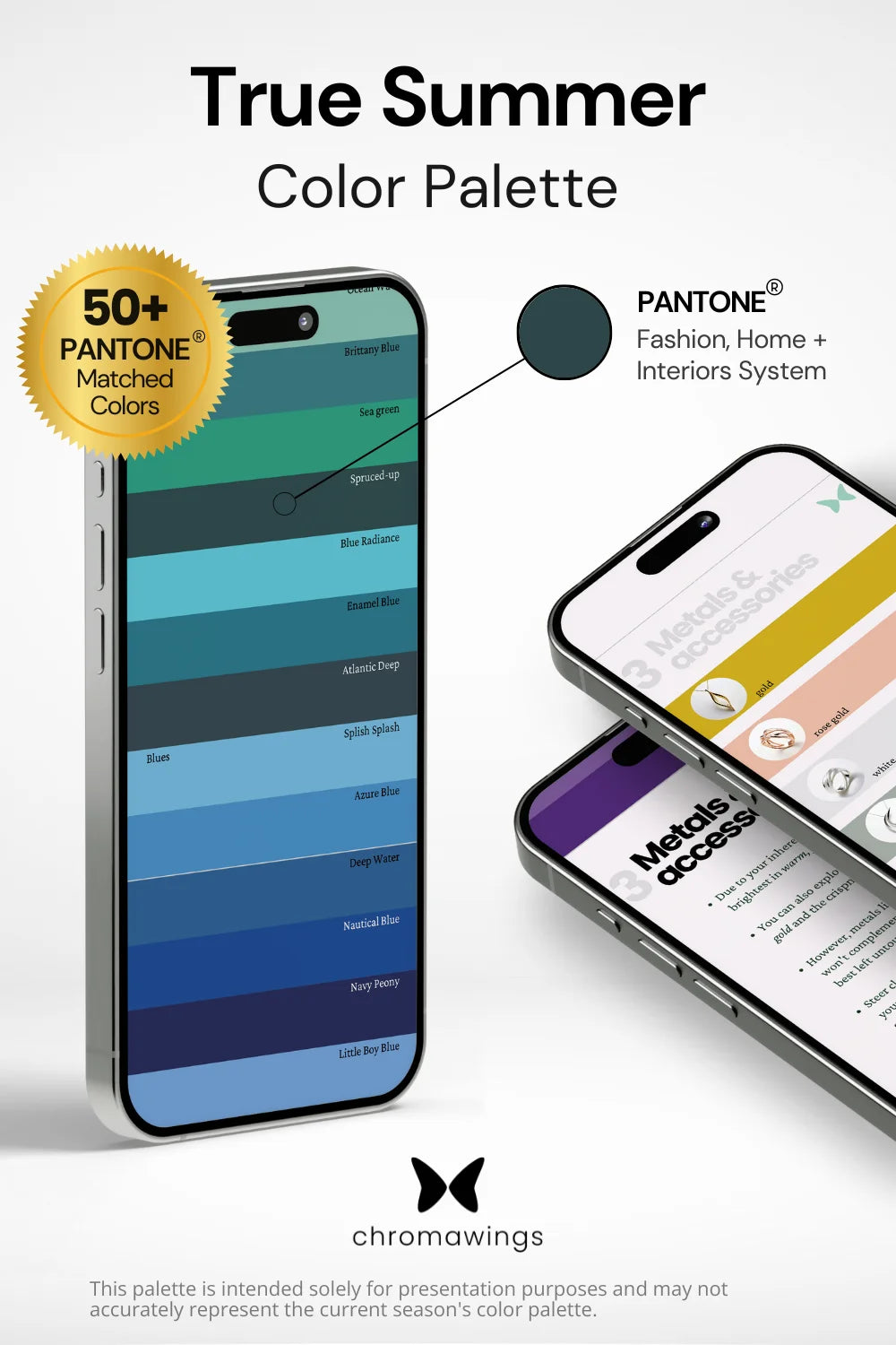 True Summer Color Palette displayed on iPhone, colors matching Pantone system. Right: Two phones showing metals section in PDF, bold title and Chromawings logo at bottom.