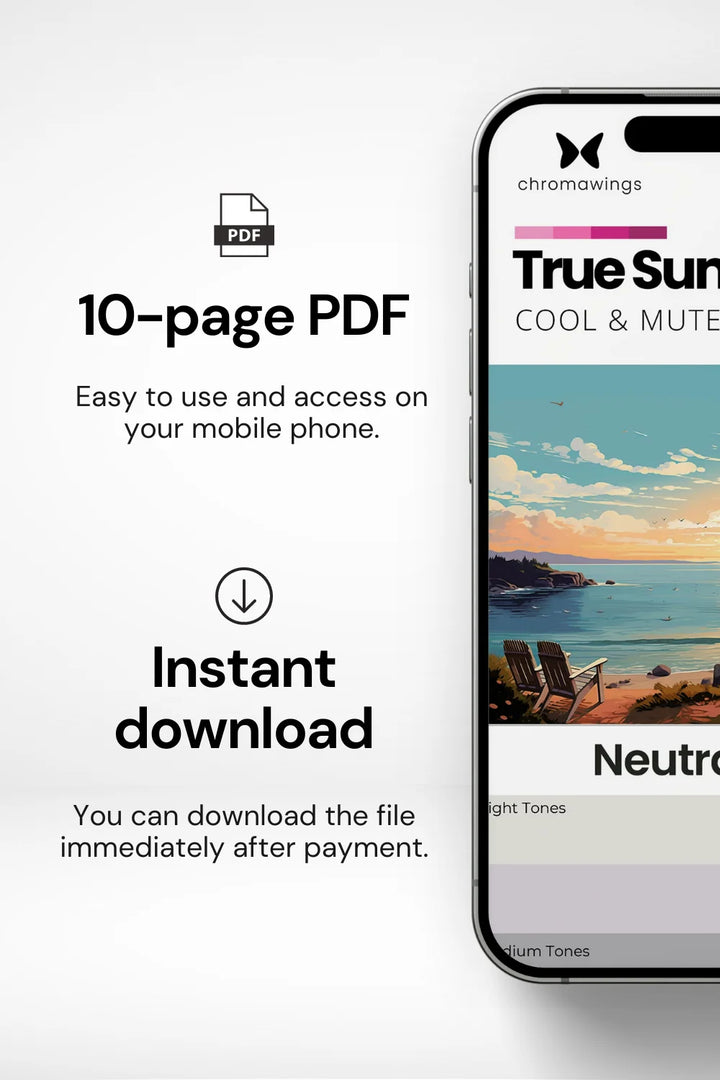 Phone displaying palette cover on right, text on left about 10-page PDF easy to use and instant download.