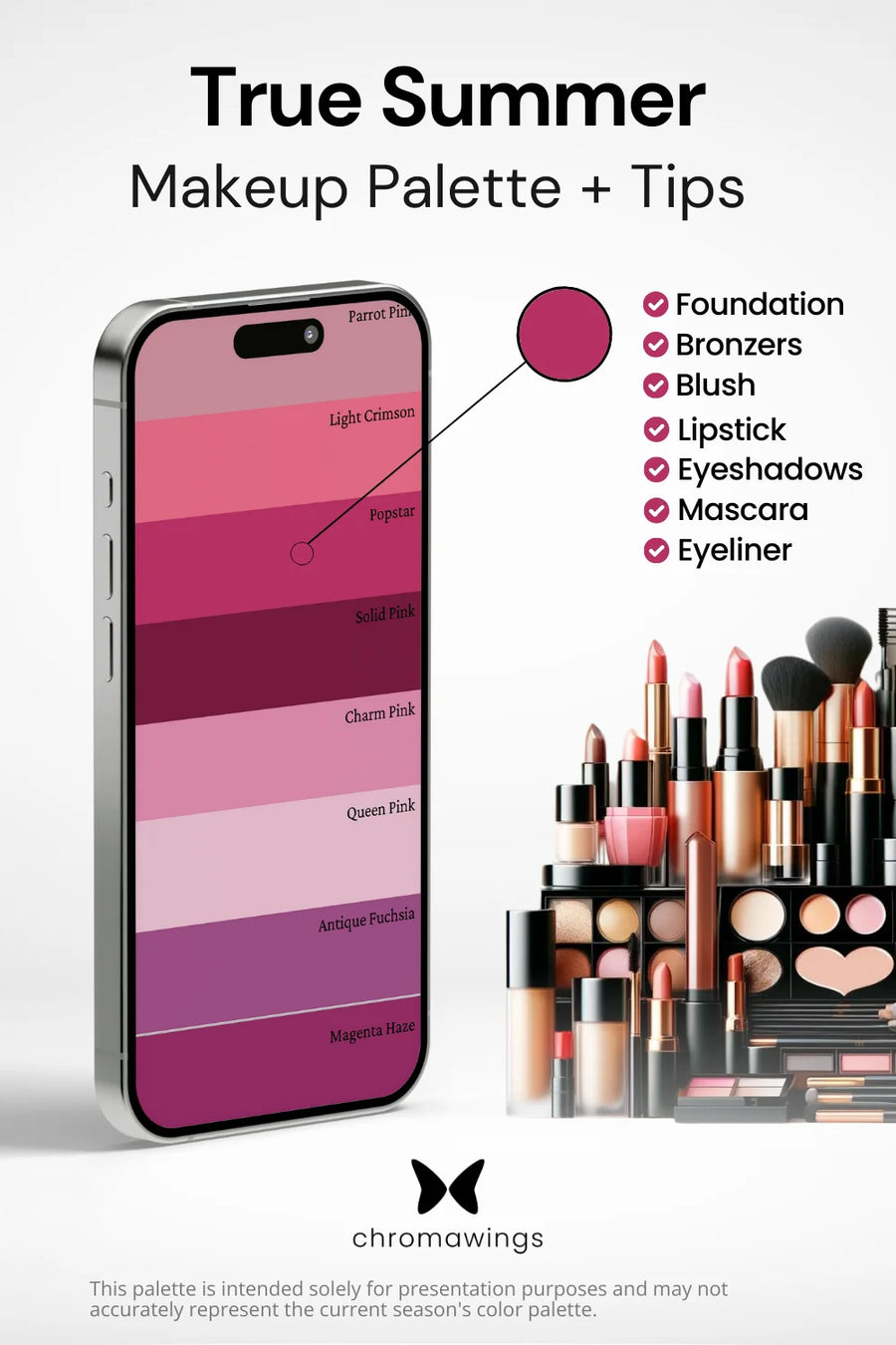True Summer Makeup palette on phone, color pinpointed. Palette title, makeup types listed, shelf image.