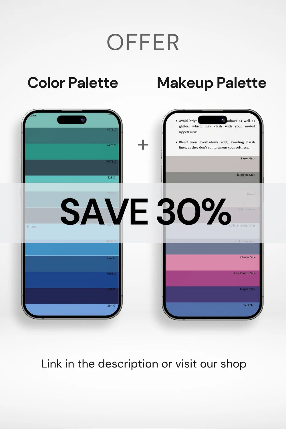 Offer: 30% off on color & makeup palettes. 'SAVE 30%' in bold.