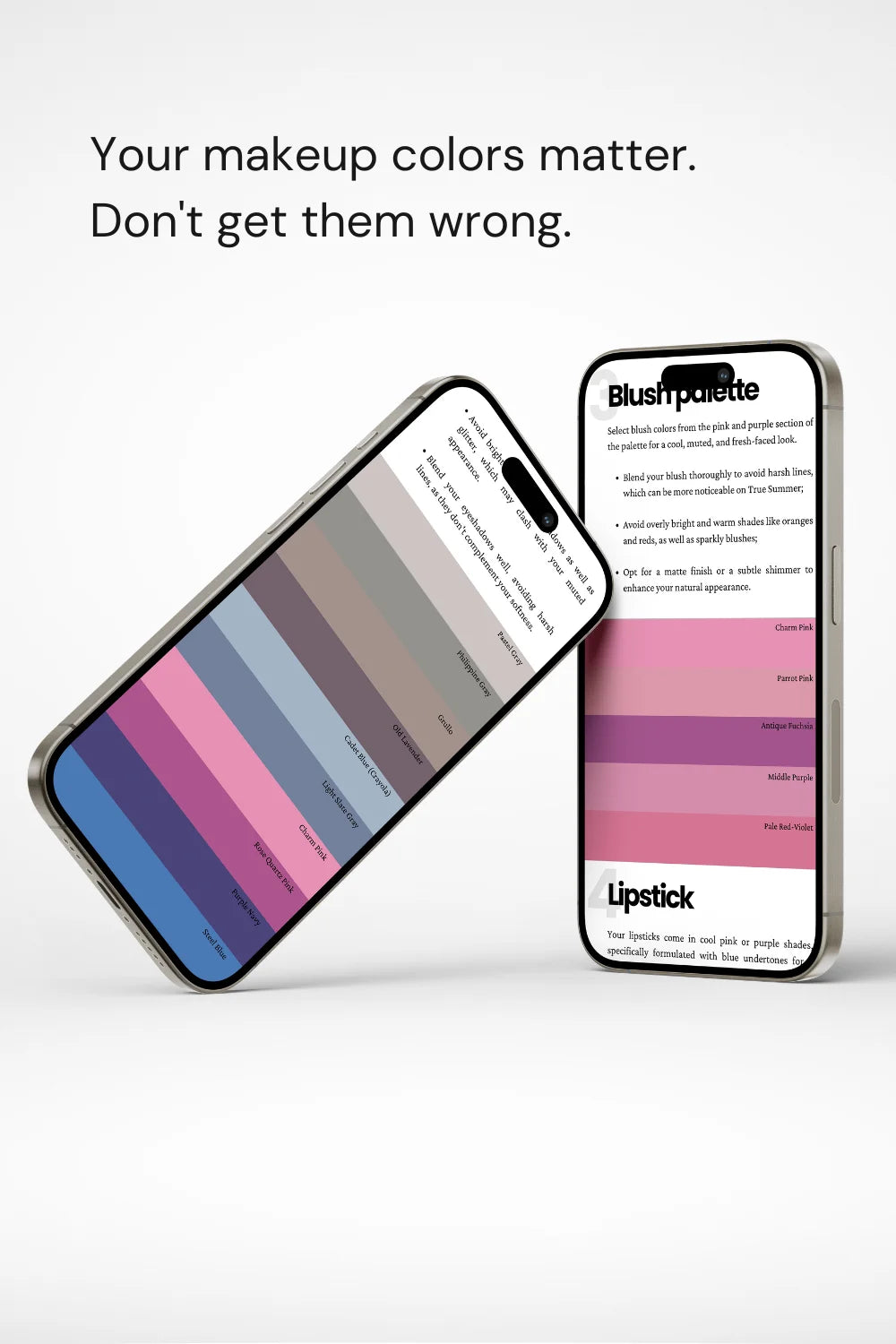 Phones displaying True Summer palette. Text: 'Your makeup colors matter. Don't get them wrong.