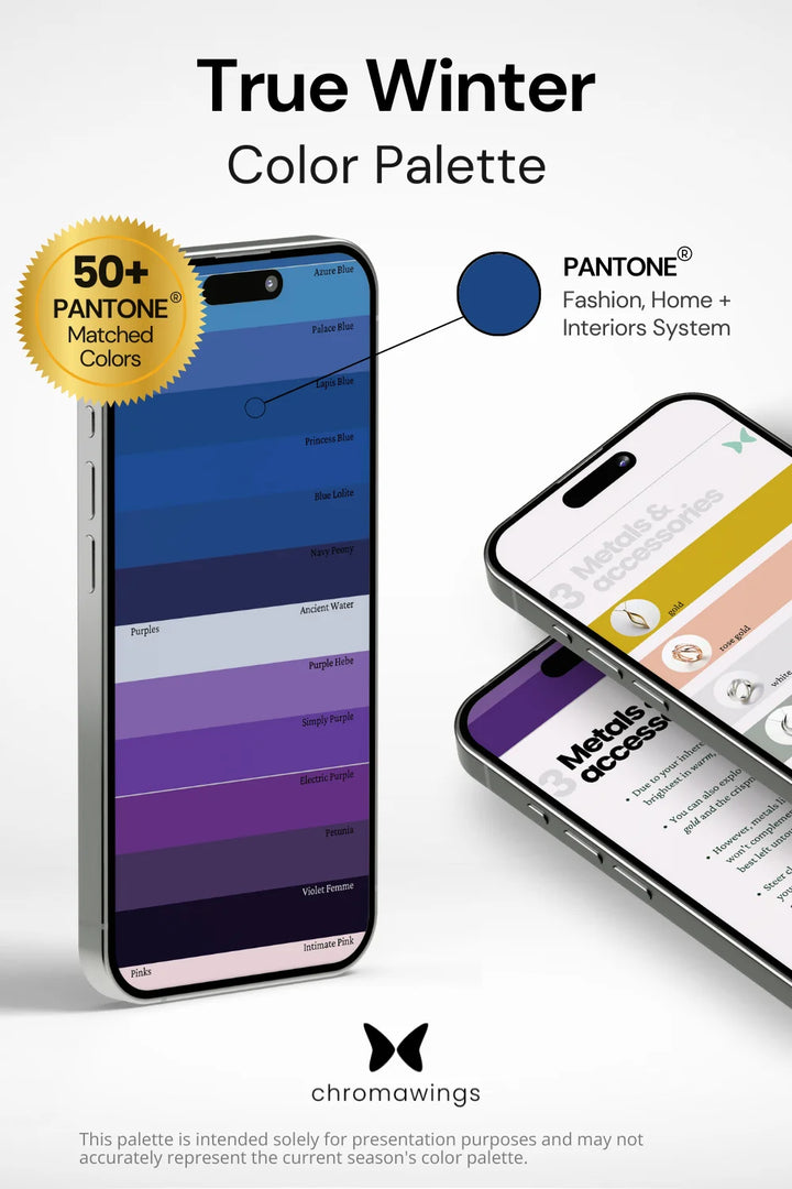 True Winter Color Palette displayed on iPhone, colors matching Pantone system. Right: Two phones showing metals section in PDF, bold title and Chromawings logo at bottom.