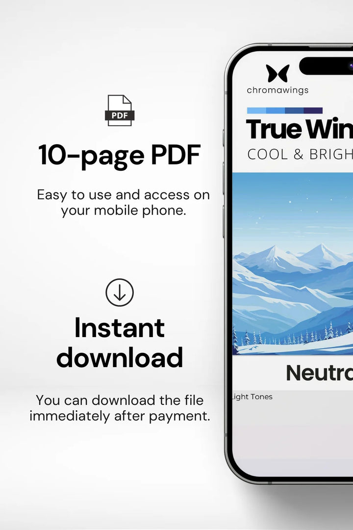 Phone displaying palette cover on right, text on left about 10-page PDF easy to use and instant download.