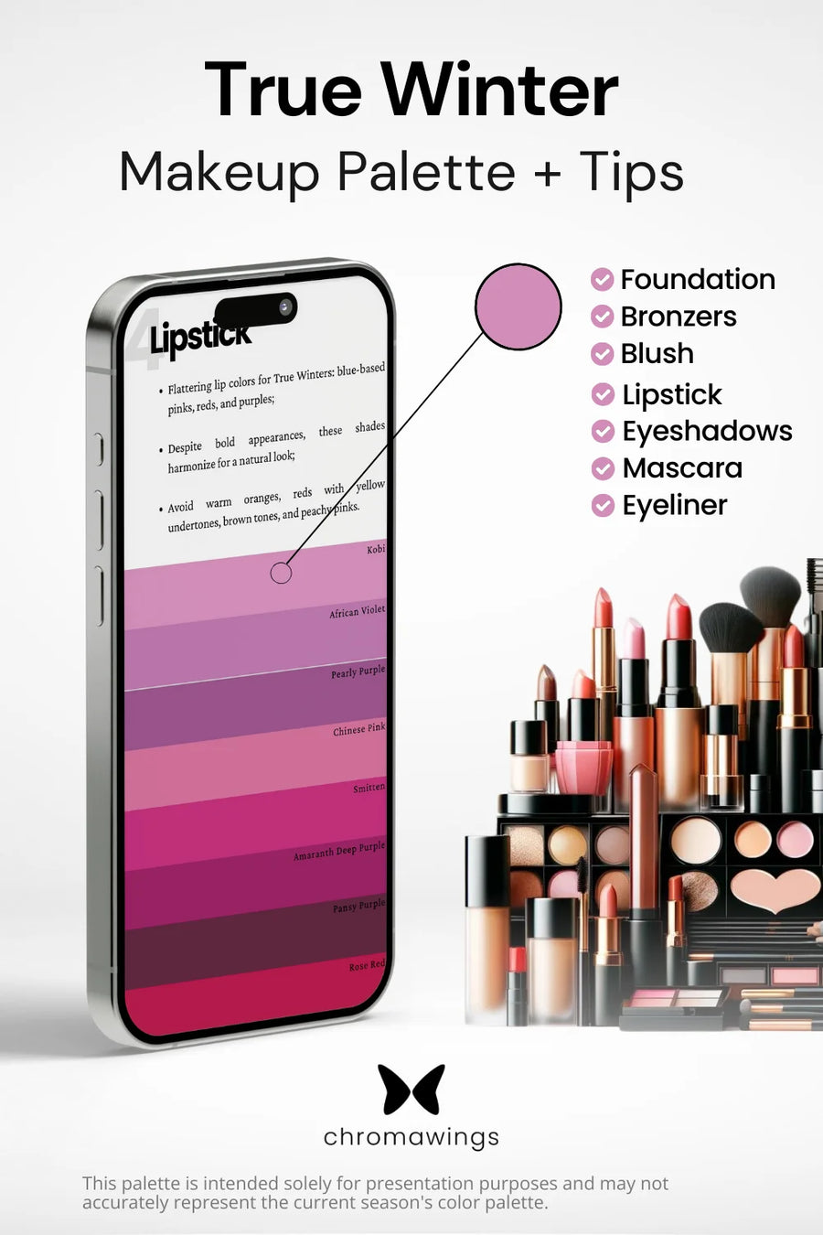 True Winter Makeup palette on phone, color pinpointed. Palette title, makeup types listed, shelf image.