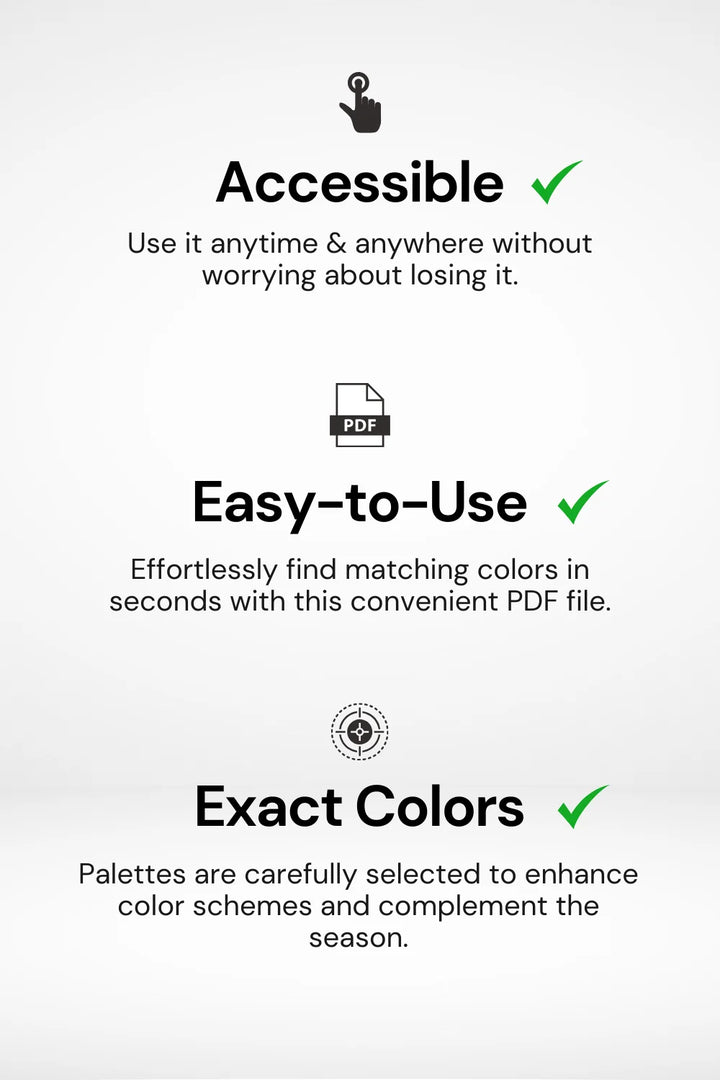 Palette features: accessible, easy-to-use, exact colors, icons, check marks.