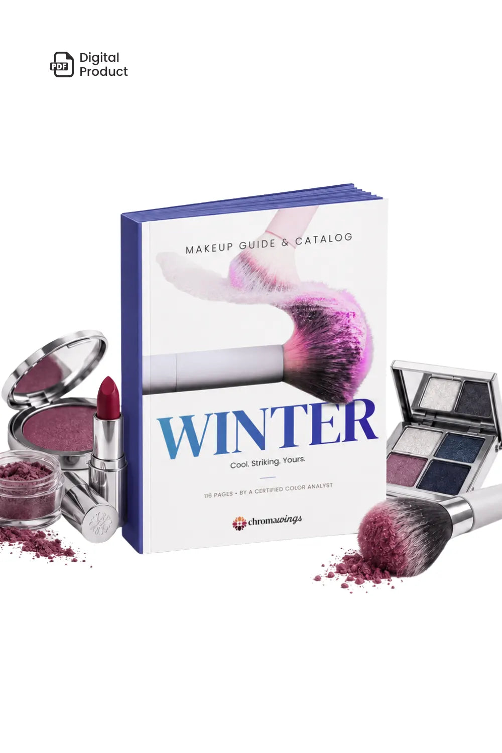 A makeup guide and catalog book titled 'WINTER' styled with cosmetic products around it on a white background. The book cover is white with blue and pink artwork, and the surrounding items include a lipstick tube, open compacts, a powder jar, an eyeshadow palette, and a makeup brush. #season_winter